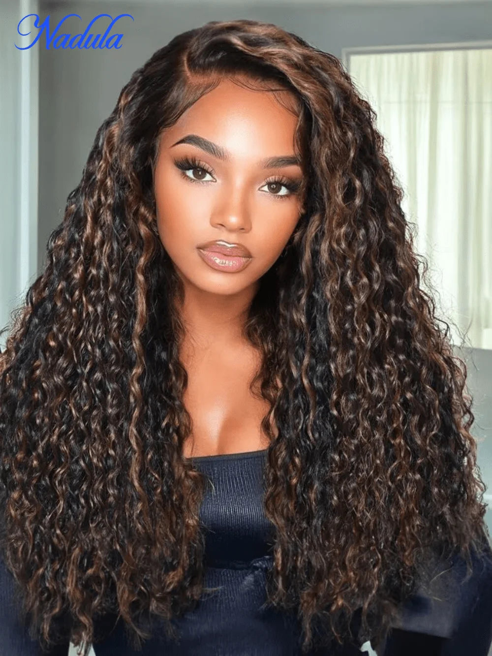 Clearance13x4 Pre-Everything™ Lace Frontal Golden Brown Highlight Water Wave Curly Drawstring Wig Pre Plucked Pre Cut Human Hair