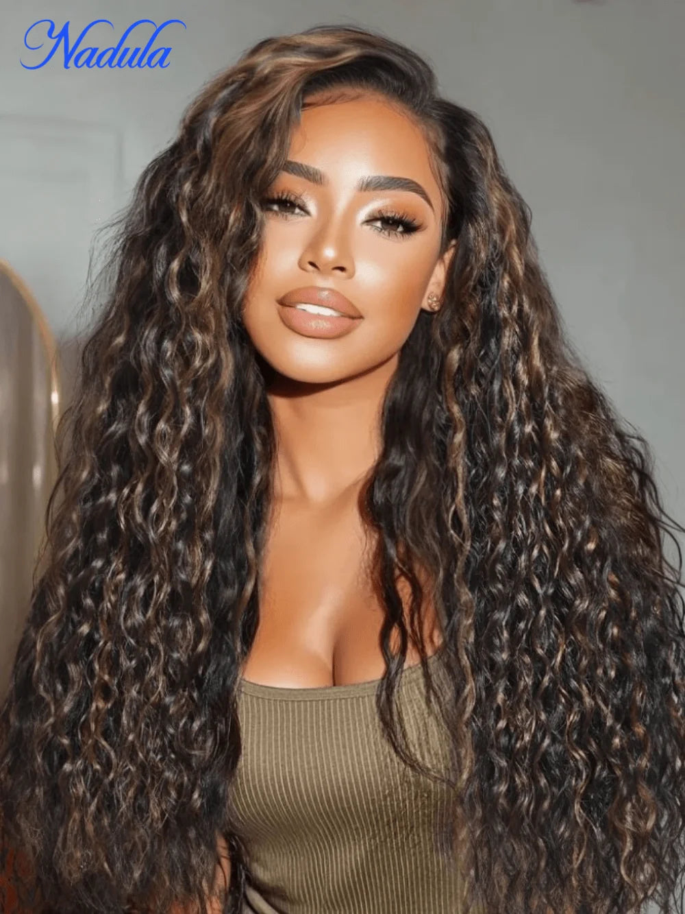 Clearance13x4 Pre-Everything™ Lace Frontal Golden Brown Highlight Water Wave Curly Drawstring Wig Pre Plucked Pre Cut Human Hair