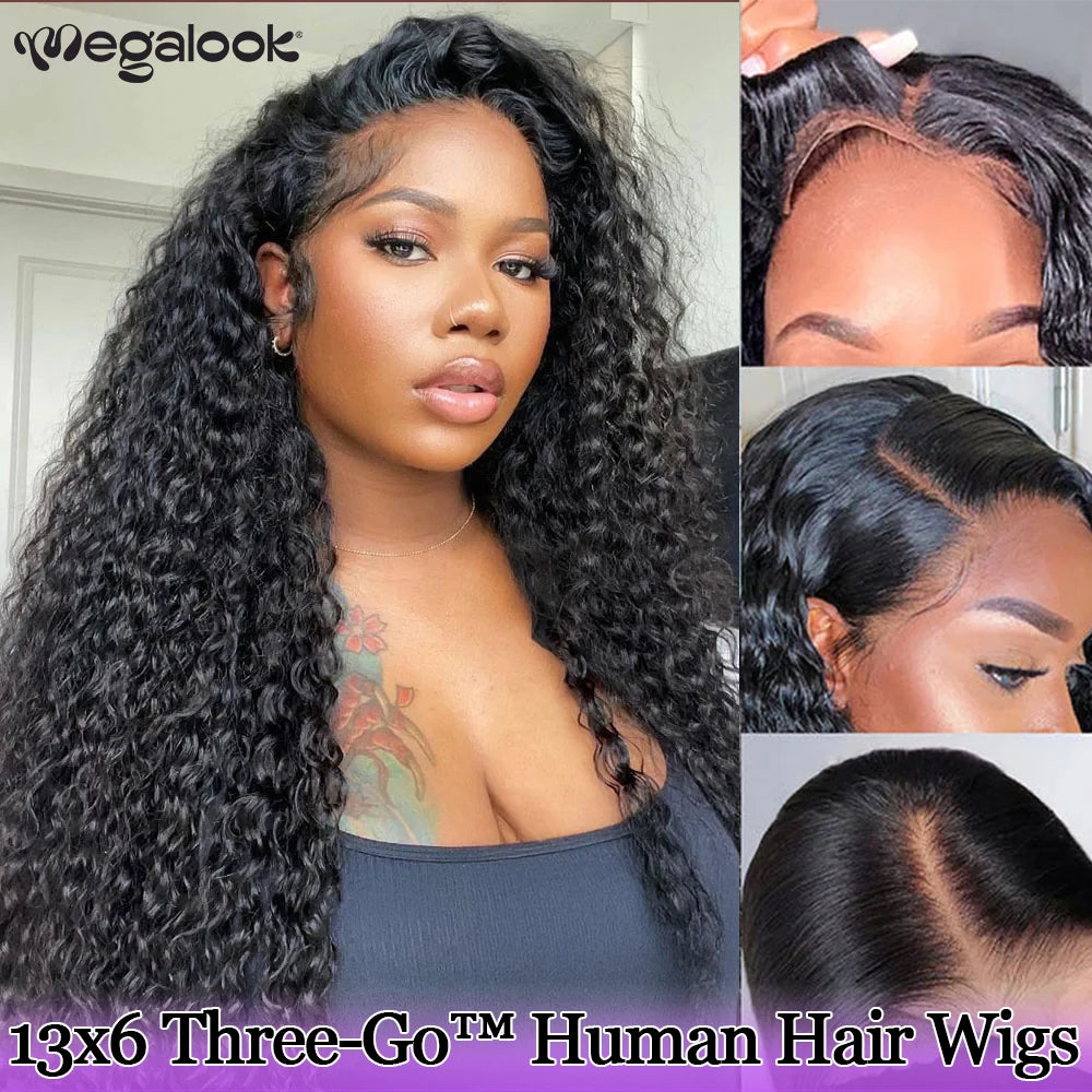 Megalook 13x6 Glueless Curly Wigs Human Hair Bye Bye Knots Pre Plucked Ear to Ear Lace Wig with Drawstring Wigs for Women