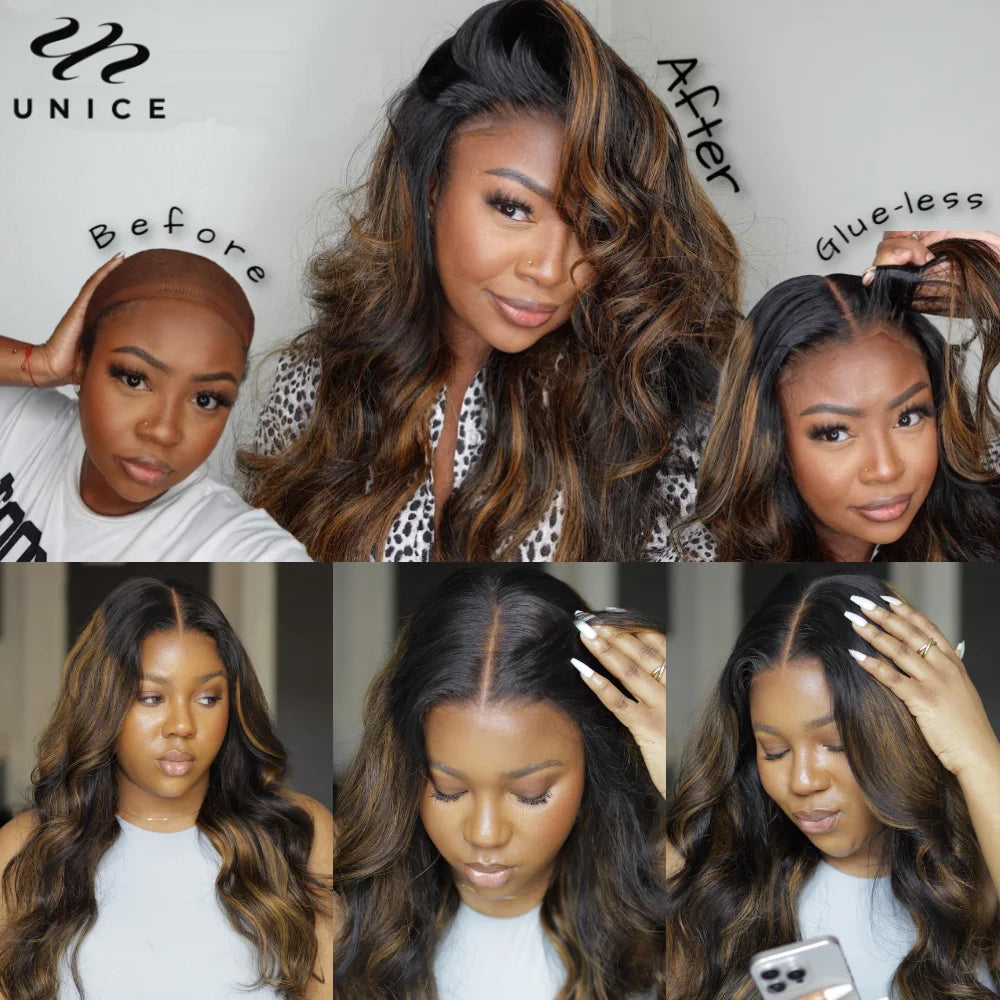 UNice 7x5 Bye Bye Slip™ Balayage Highlight Body Wave Wig Pre Cut Pre Bleached Glueless Human Hair Wig