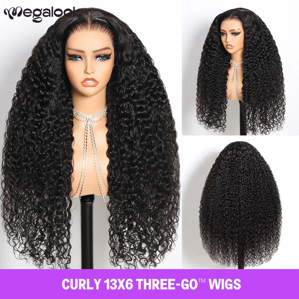 Megalook 13x6 Glueless Curly Wigs Human Hair Bye Bye Knots Pre Plucked Ear to Ear Lace Wig with Drawstring Wigs for Women