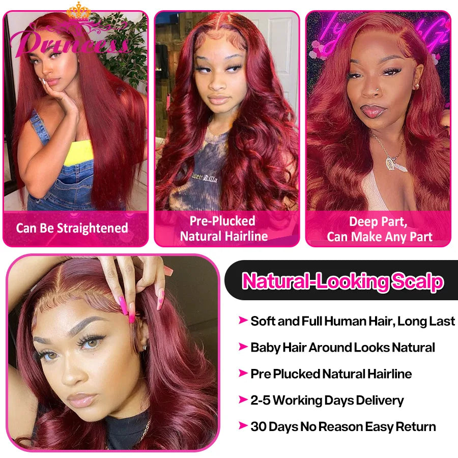 99J Burgundy Brazilian Body Wave Lace Front Wigs For Women 13x4 Lace Frontal Human Hair Wig Pre Plucked Princess Hair Wig