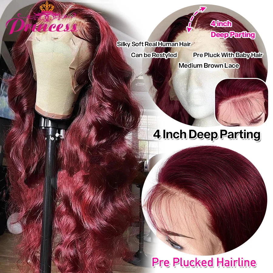 99J Burgundy Brazilian Body Wave Lace Front Wigs For Women 13x4 Lace Frontal Human Hair Wig Pre Plucked Princess Hair Wig