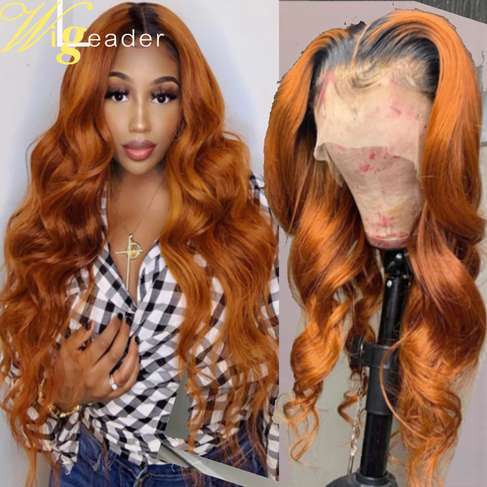 Wigleader Human Hair Lace Front Wigs 180% Preplucked Lace Frontal Wig 1b/ Ginger Orange Ombre Glueless Hair Wigs Wavy Lace Wigs