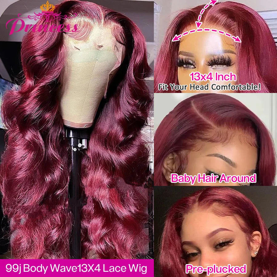 99J Burgundy Brazilian Body Wave Lace Front Wigs For Women 13x4 Lace Frontal Human Hair Wig Pre Plucked Princess Hair Wig