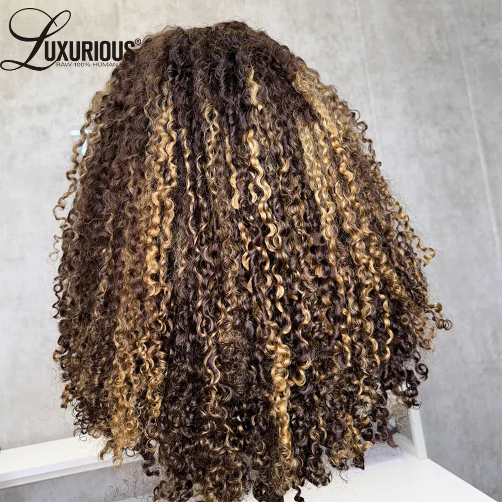 Highlight Ombre Honey Blonde Human Hair Wig With 4c Edges 13x4 Bouncy Curly Lace Front Wig Human Hair Afro Curly Wig 250 Density