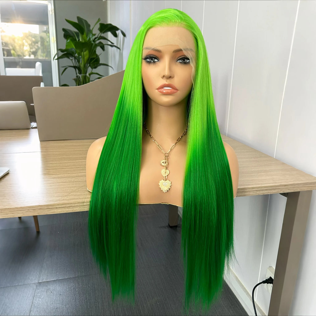 Ombre Wigs for Women Long Silky Straight Synthetic Hair Free Part Yaki Highlight Ombre Green Two Tones 13X4 Lace Glueless Wig