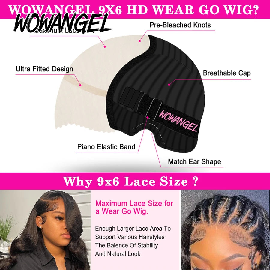 250% Ultra Fitted 9x6 HD Lace Closure Glueless Wigs Pre Cut Lace Ready To Go Human Hair Wigs Body Wave Melt Skins For Women Wig