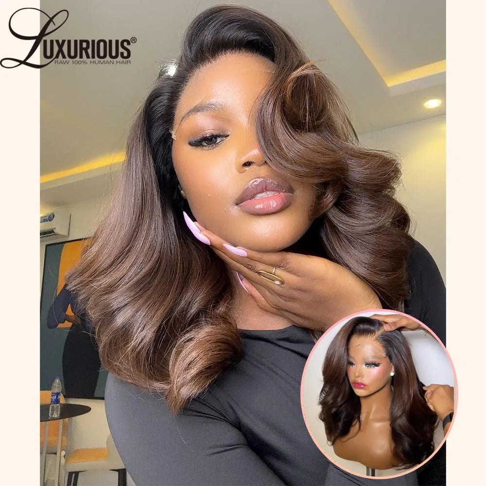 Glueless Wear And Go Ombre Brown Layered  Human Hair Wigs For Women Blow-Out Looks Wave 13x4 Lace Wig 100% Brazilian Human Hair