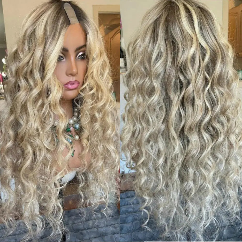 Glueless U Part Wig Human Hair Dirty Blonde Highligths Balayage Roots Curly Wig V Part Wig 100% Virgin Human Hair Wig for Women
