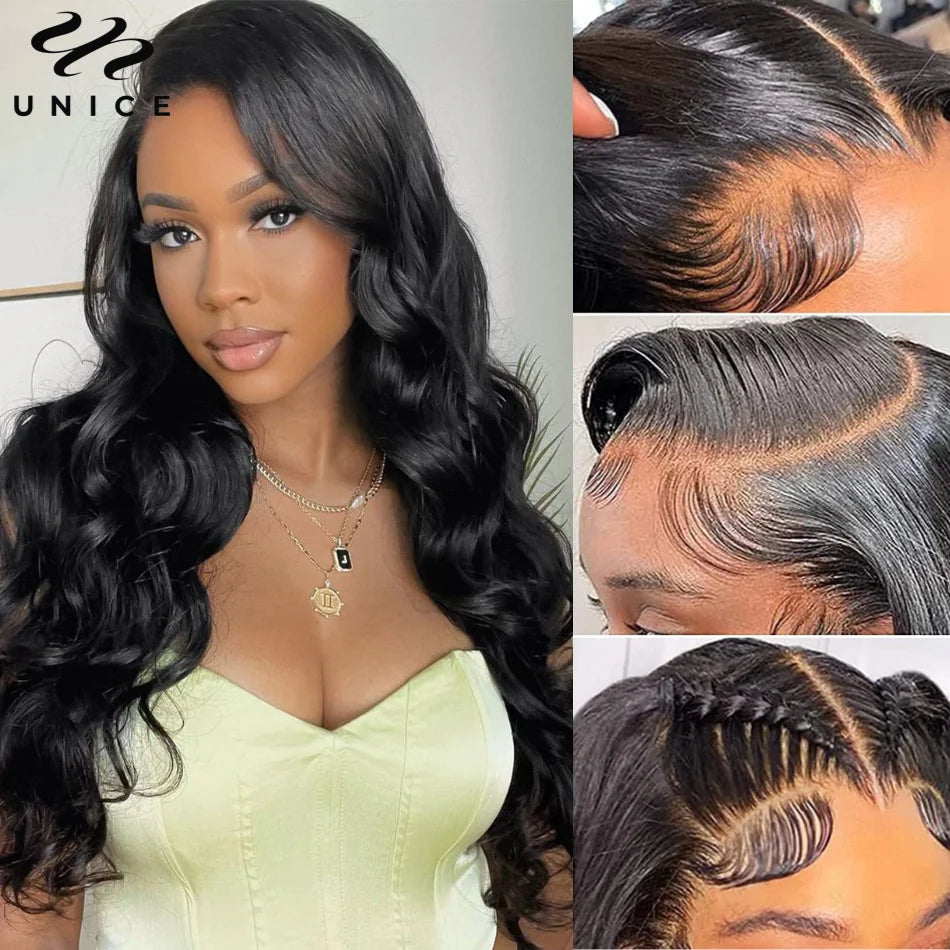 UNice 13x4 Lace Frontal Pre Cut Pre Bleached Pre Plucked Body Wave Human Hair Glueless Wig Ready To Wear 250% Density