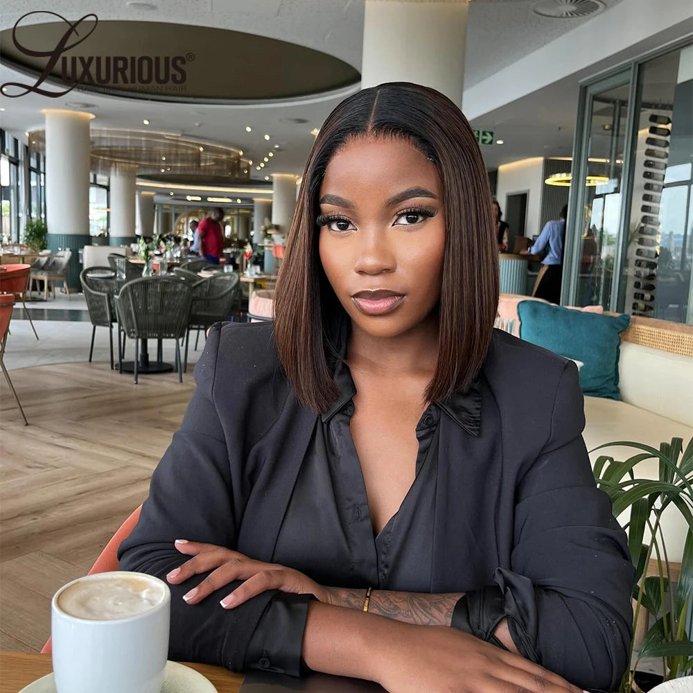 Ombre Dark Brown 4x4 Glueless Lace Closure Blunt Cut Bob Wig Pre Plucked Brazilian Pre Cut Lace Front Human Hair Wigs For Women