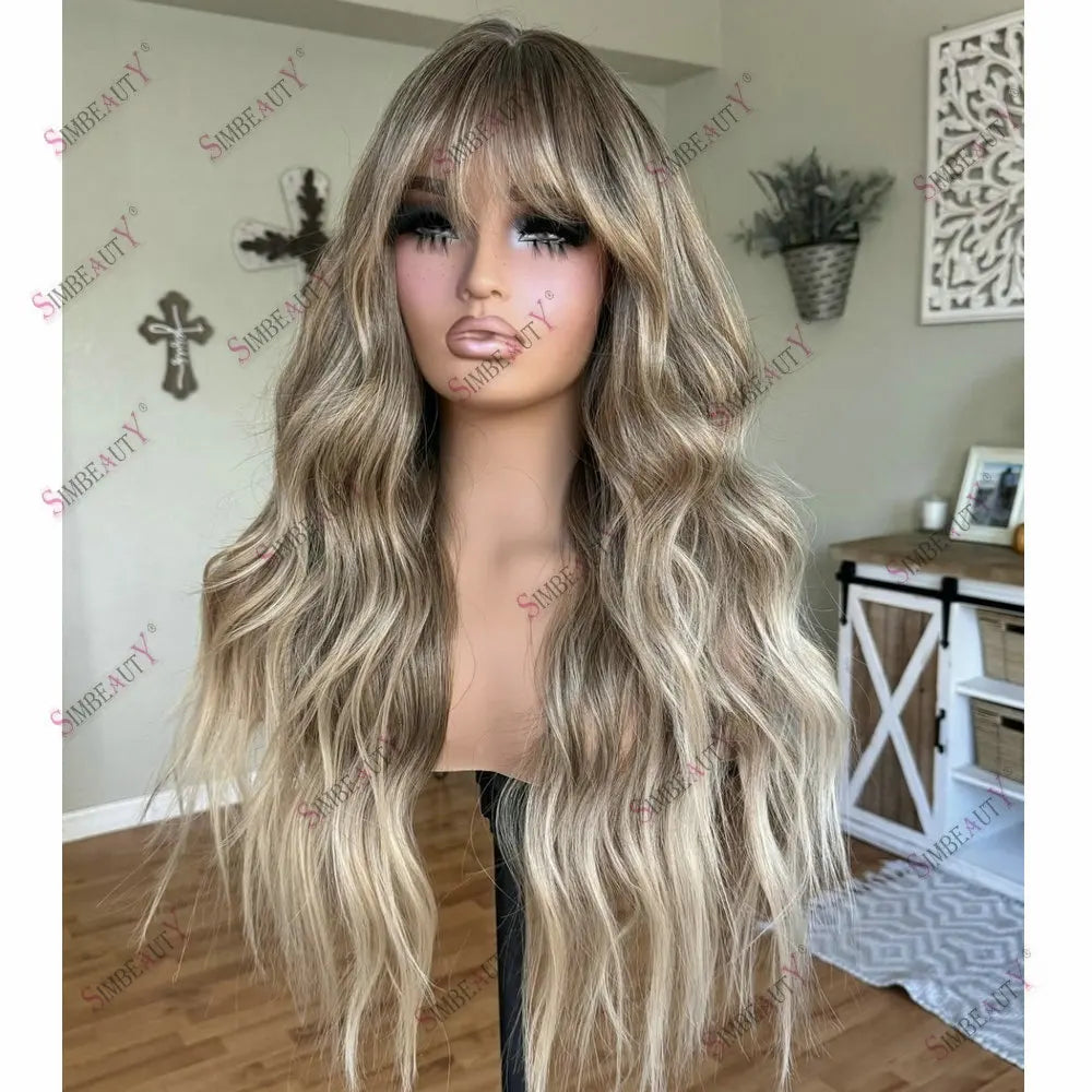 Transparent Lace Full Lace Wig Human Hair Ombre Light Browm Ash Blonde With Bangs 13*6 Lace Frontal Wigs for Women European Hair