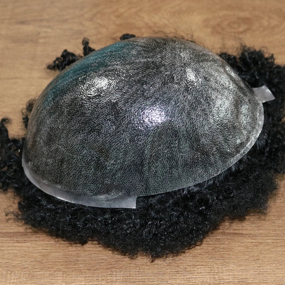 Black Men's Afro 180 Waves Hairstyle Human Hair Toupee Cheap Machine Made Skin Base Gray Hair 10mm Deep Wave Prosthesis Men Wig
