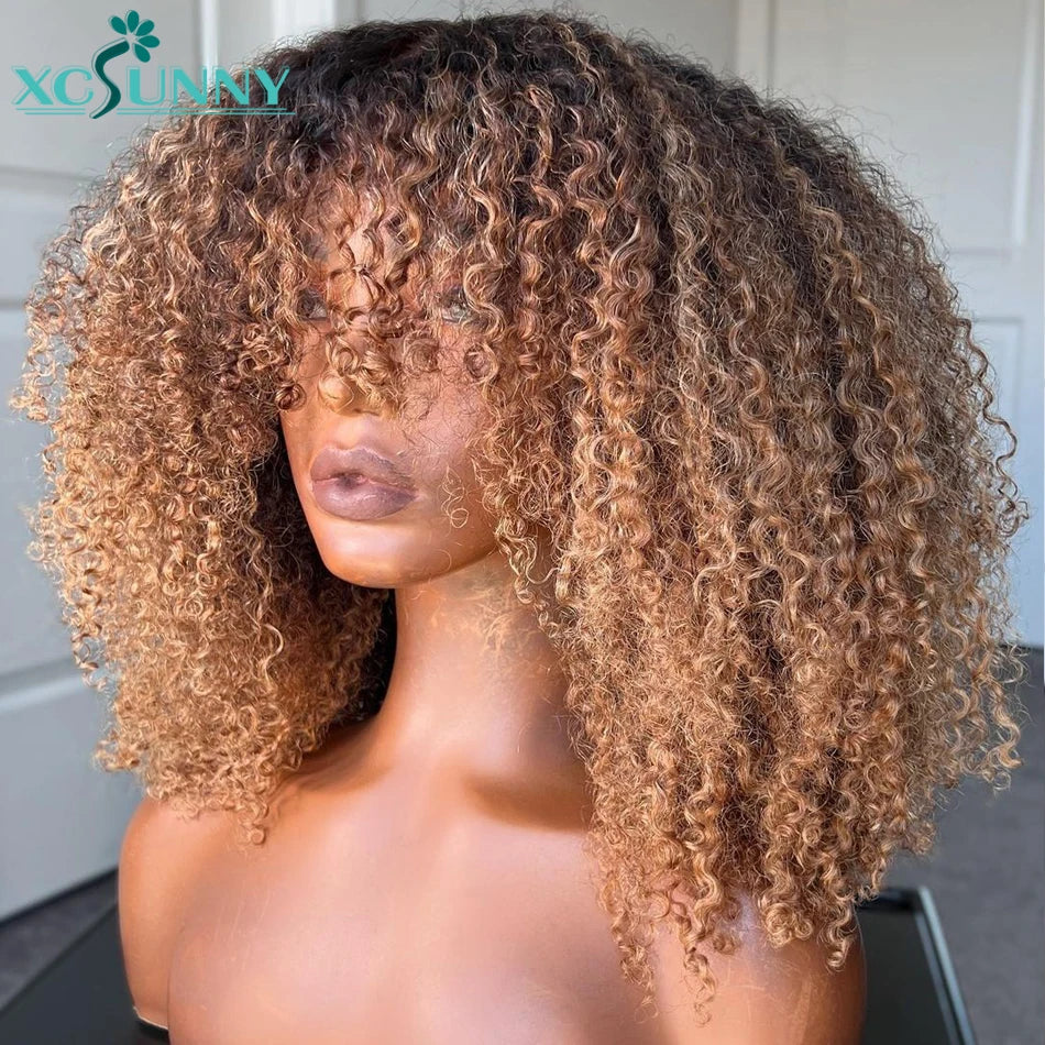 Blonde Afro Kinky Curly Wig Human Hair Machine Made Scalp Top Wig With Bangs Brazilian Ombre Blonde Wigs Human Hair Xcsunny