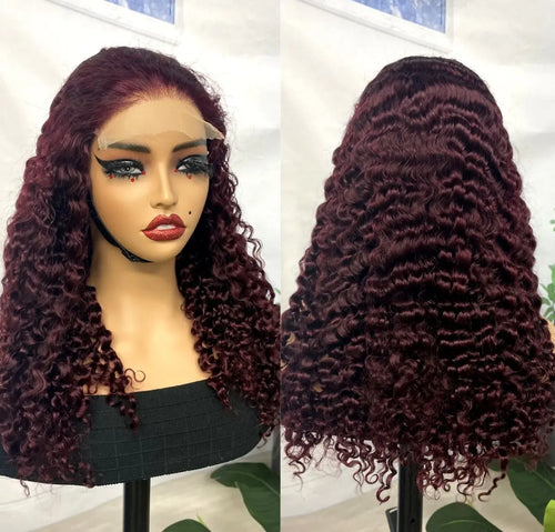 300% Density 99J# Burgundy Burmese Bouncy Curly Human Hair Wigs 5x5 Lace Closure Pixie Curly Wig for Women PrePlucked Remy Hair
