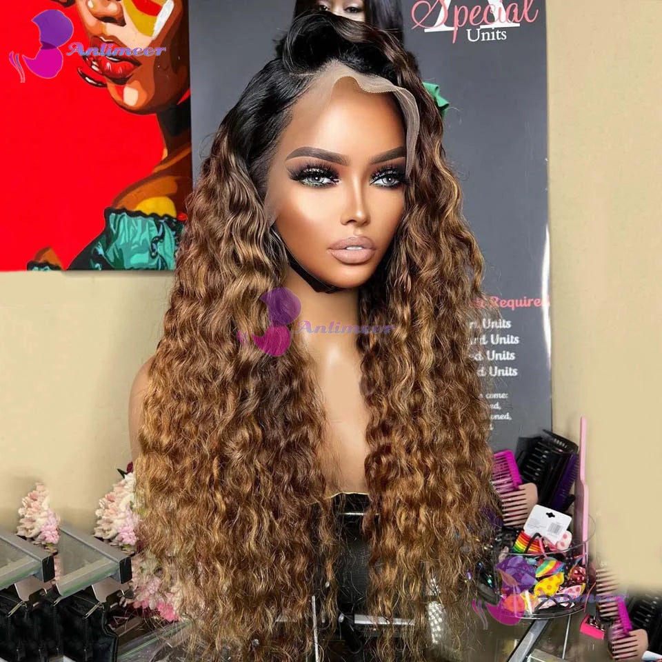 #4T27 Transparent Silk Top Lace Frontal Curly Human Hair Wigs Highlights Honey Blonde Pre Plucked 4x4 Lace Closure Wig For Women