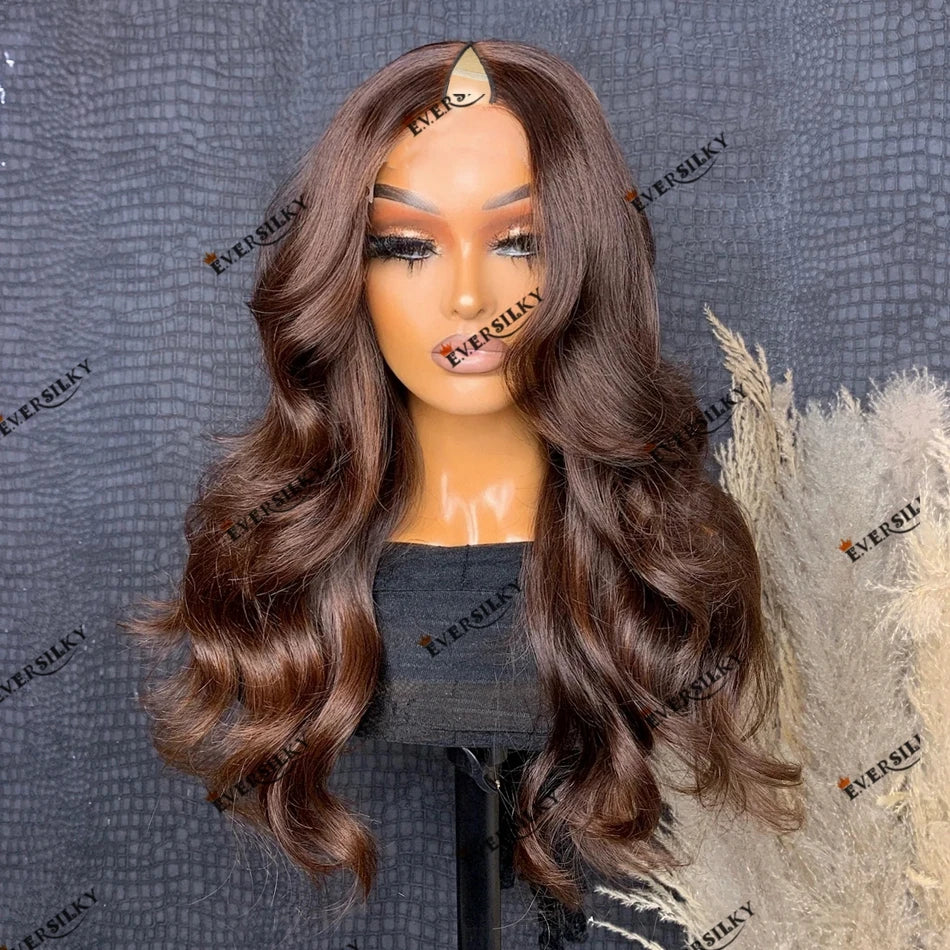 Chocolate Brown 100% Human Hair Cheap Machine Made 1x4 V Part Wig for Black Women Soft Remy Indian Hair U Part Wig 200 Density