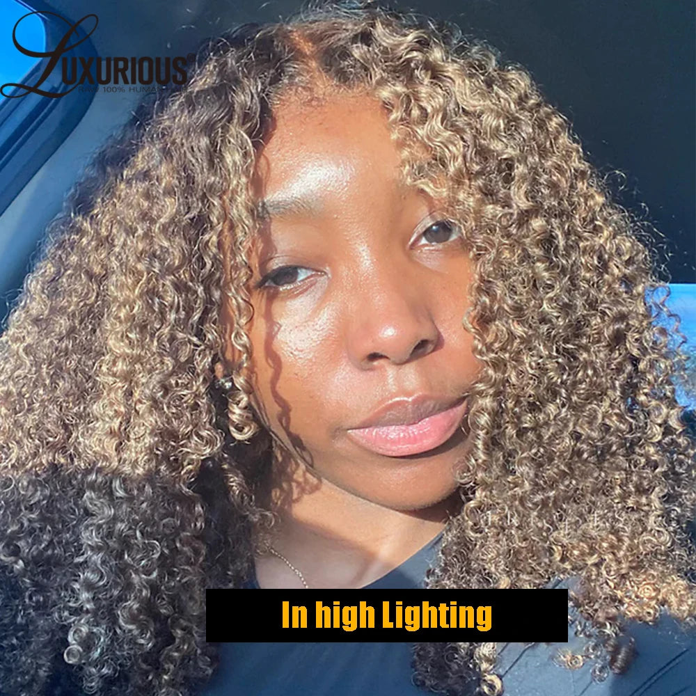 Highlight Ombre Honey Blonde Human Hair Wig With 4c Edges 13x4 Bouncy Curly Lace Front Wig Human Hair Afro Curly Wig 250 Density