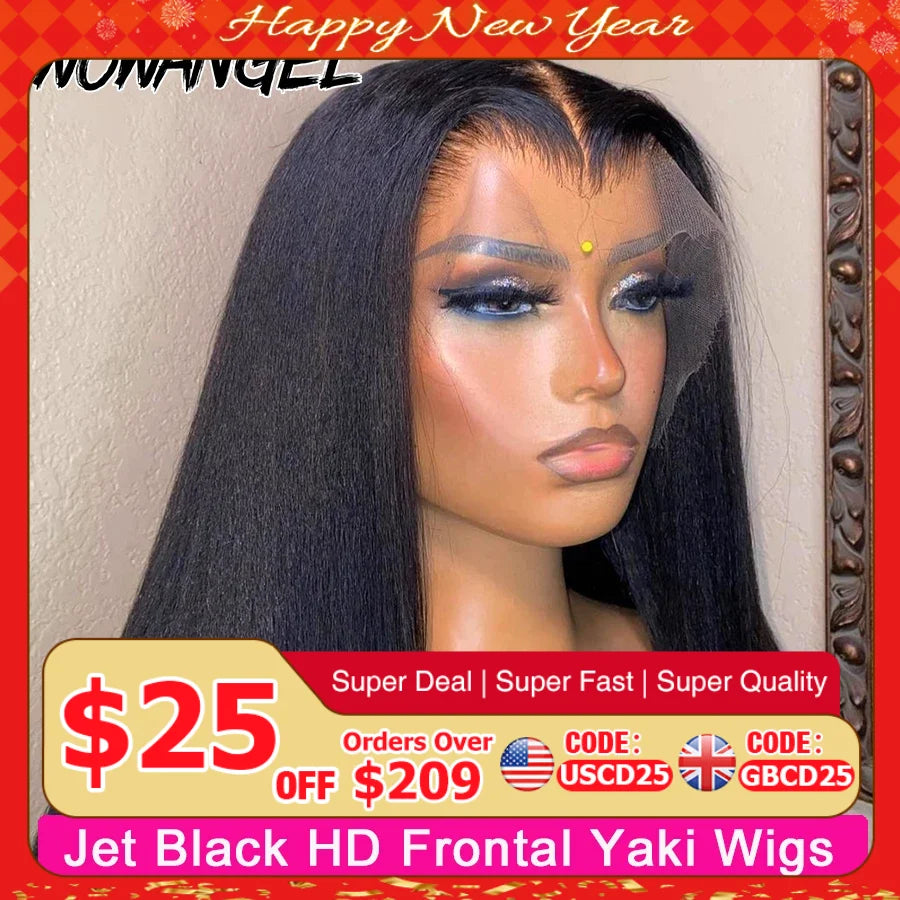 Wow Angel Jet Black 13x6/13x4 HD Lace Front Wigs Yaki Straight Human Hair 5x5 HD Lace Closure Wig Pre Plucked Kinky for Woman
