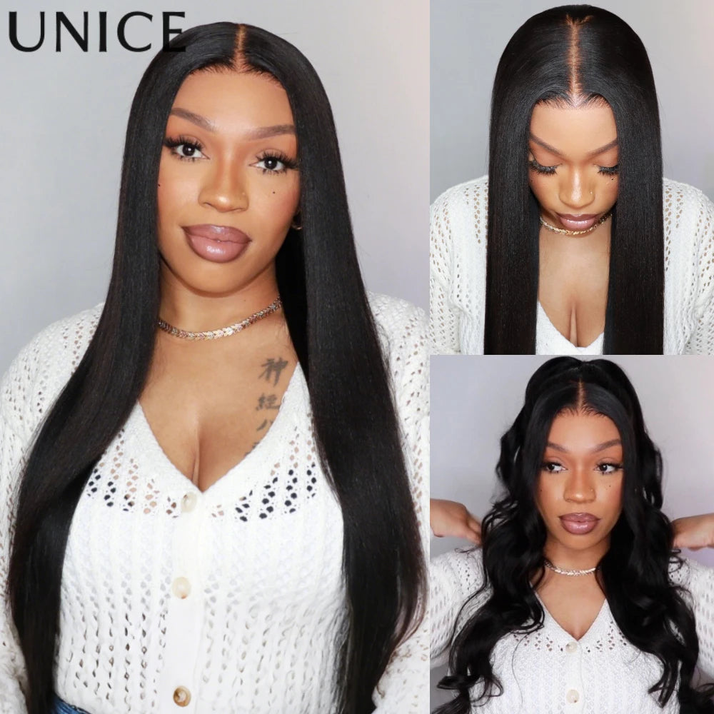 UNice 7x5 Bye Bye Slip™ Yaki Straight Glueless Wig With Invisi Drawstring 100% Human Hair Lace Wigs Wear And Go
