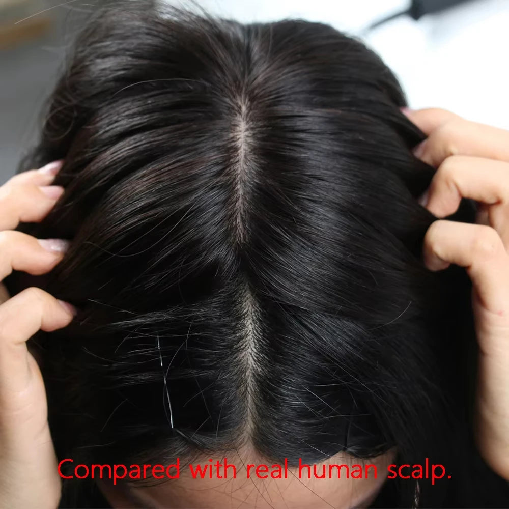 Silk Base Wigs Full Hand Tied Wig with PU Front 24" Real Virgin Layer European Human Hair Wig with Bangs Silk Base Wig for Women
