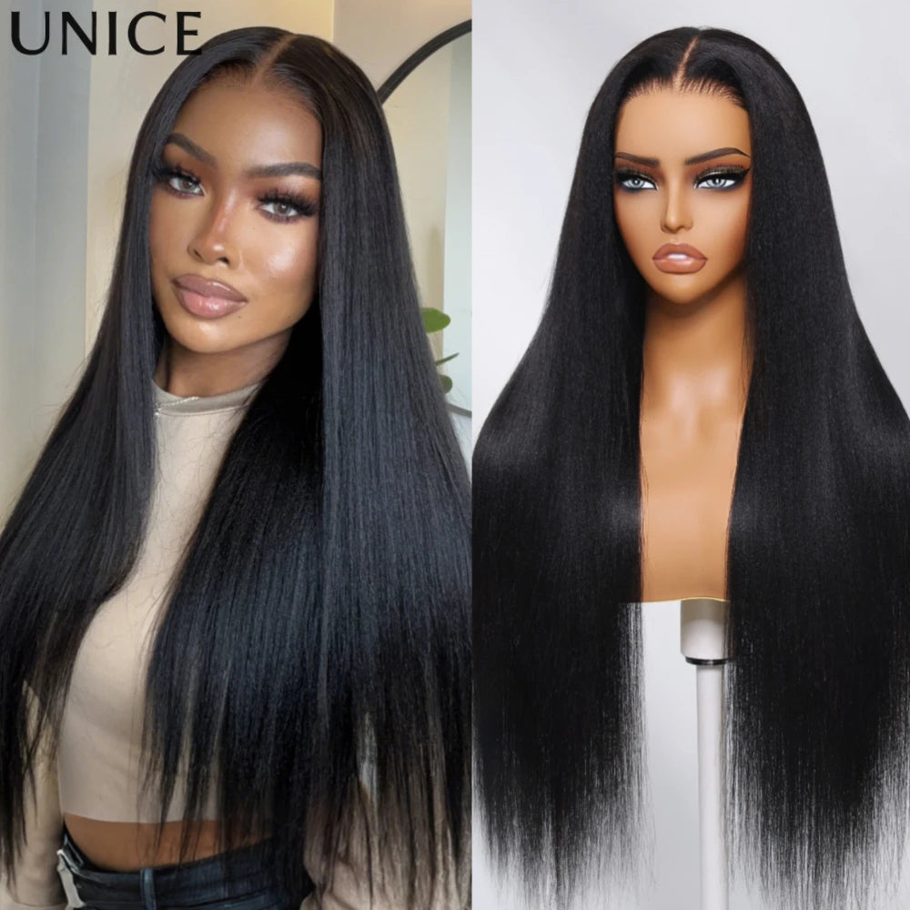 UNice 7x5 Bye Bye Slip™ Yaki Straight Glueless Wig With Invisi Drawstring 100% Human Hair Lace Wigs Wear And Go