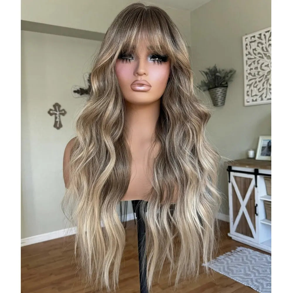 Transparent Lace Full Lace Wig Human Hair Ombre Light Browm Ash Blonde With Bangs 13*6 Lace Frontal Wigs for Women European Hair
