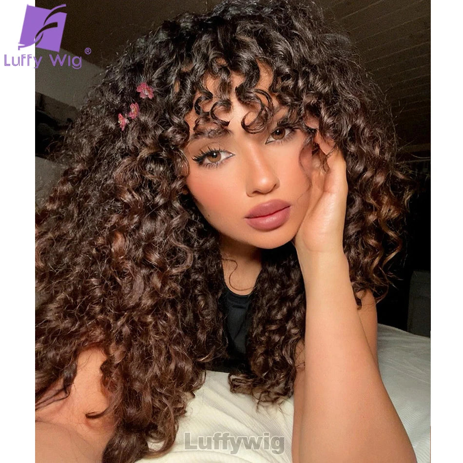 Ombre Colored Curly Human Hair Wigs with Bangs Glueless Full Machine Made Scalp Top Wig Brazilian Remy Hair Fringe Wig for Women