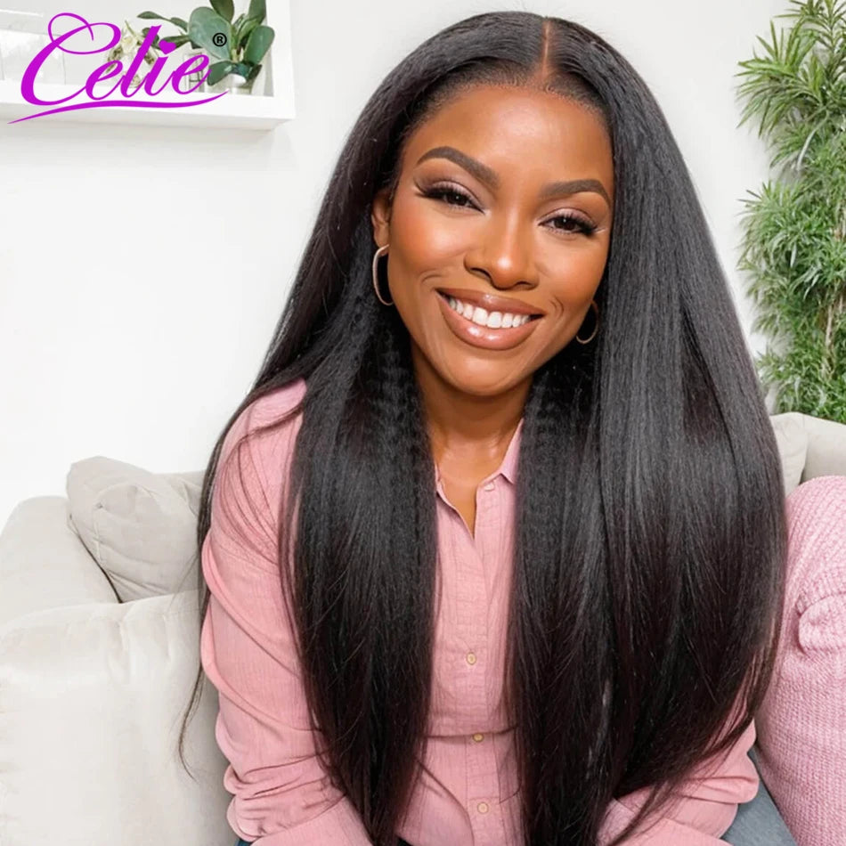 Celie Pre-bleached Knots Kinky Straight HD Lace Closure Wig 6×5 Pre-cut Lace Glueless Wig Wear & Go Pre Plucked Human Hair Wigs