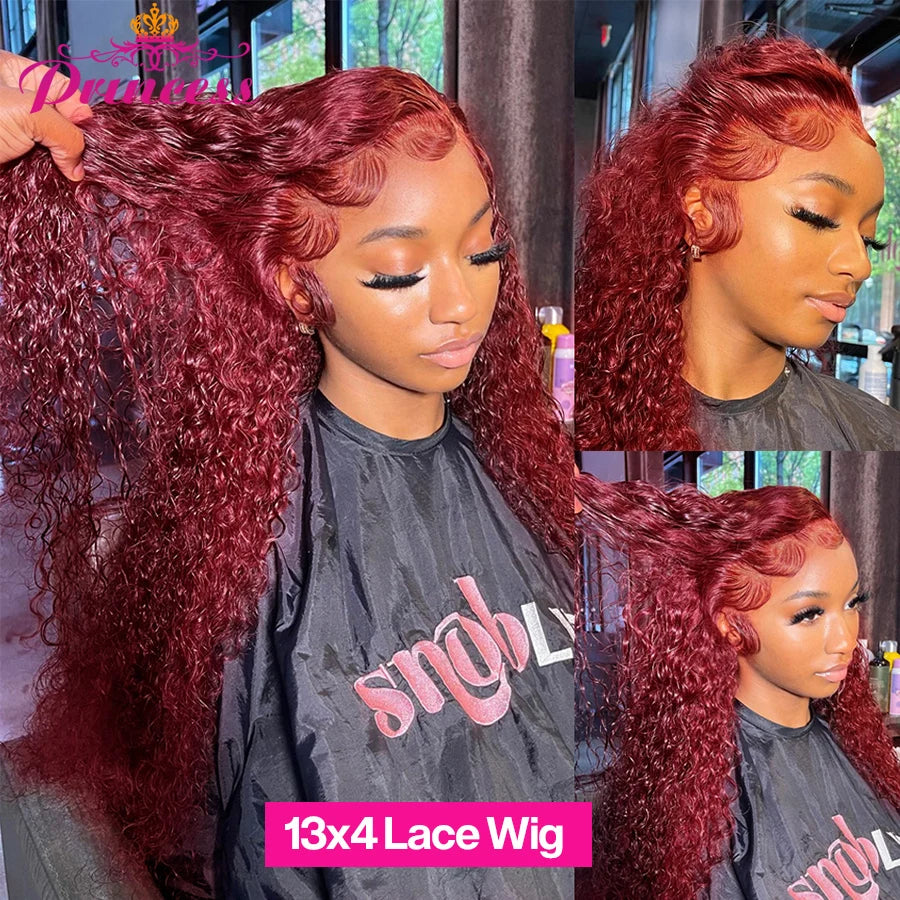 Princess Hair 99J Lace Front Human Hair Wig 13x4/13x6 HD Transparent Burgundy Deep Wave Lace Frontal Wig For Black Women