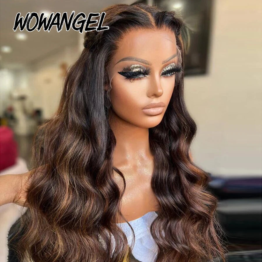 Wowangel Ombre Brown Hair 13x6 HD Lace Front Wig Highlight Wigs Body Wave Human Hair Wigs Melt All Skins Natural Scalp For Woman