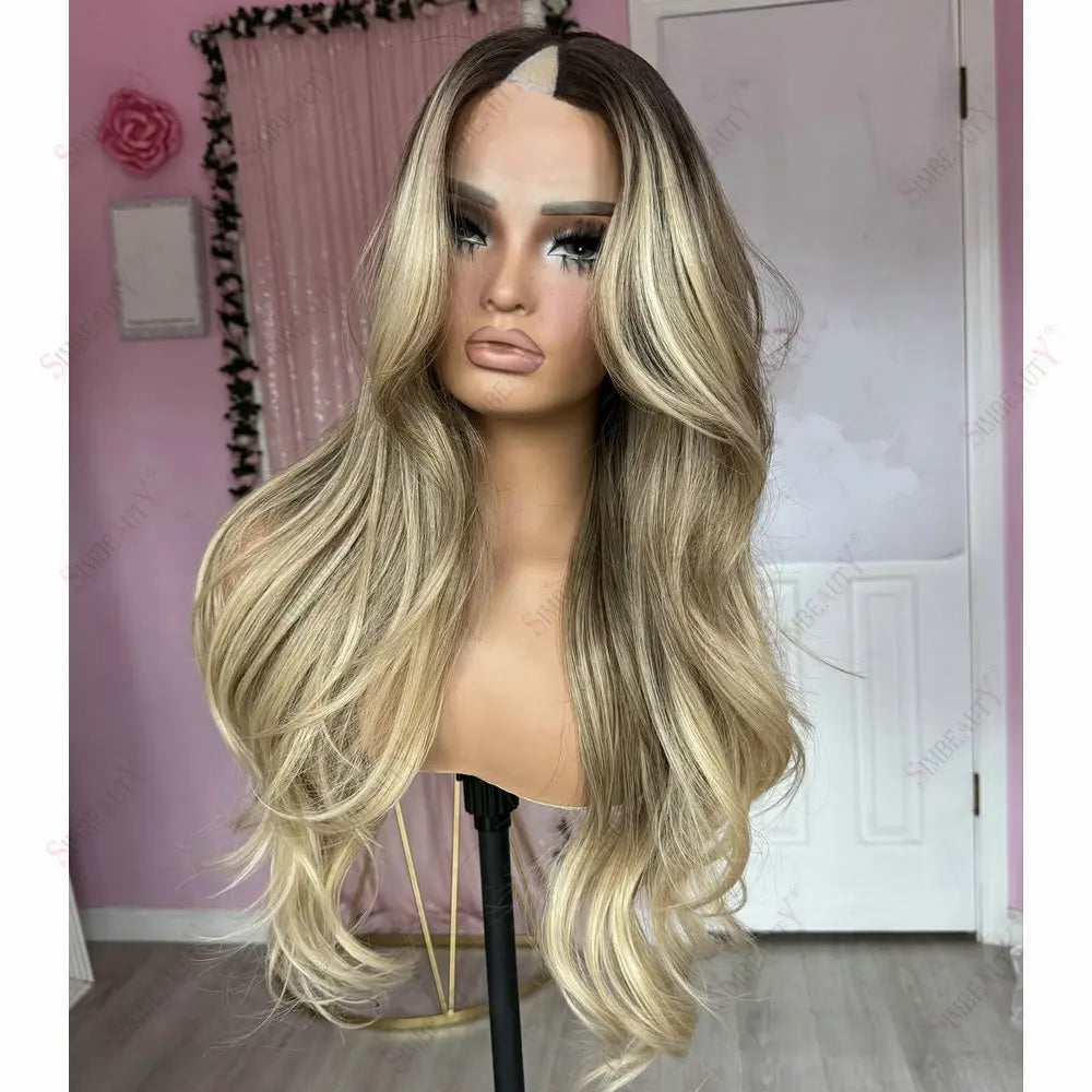 Dark Roots Balayage V Part Wig Human Hair for Women Loose Wave Ash Blonde Hightlight Glueless 1x4 Size U Part Wigs With Clips