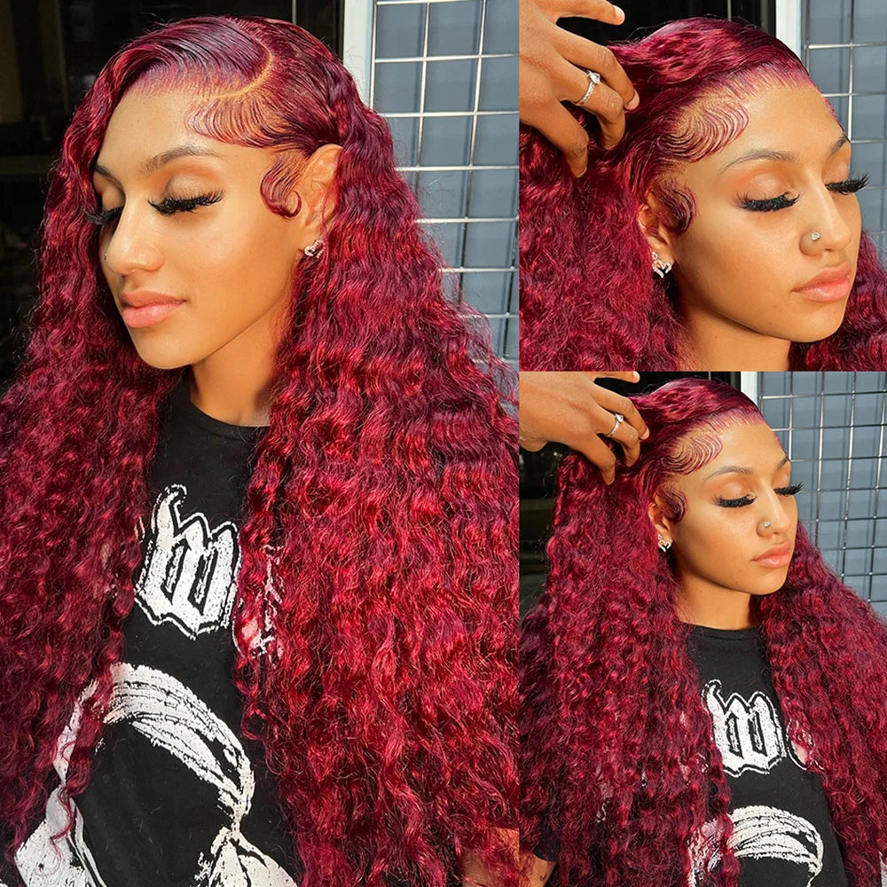Burgundy Human Hair Lace Frontal Wigs Colored 99j Red Wig For Women Brazilian 13x4 Deep Wave 30 Inch Water Wave Lace Front Wig