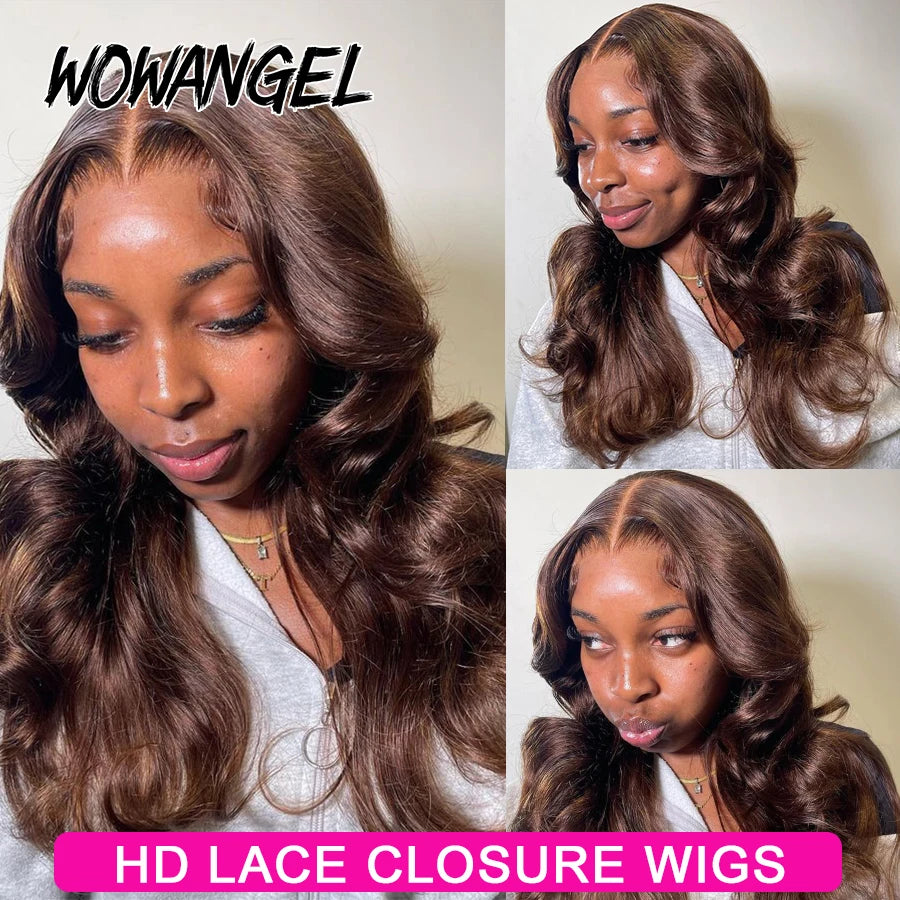 Wow Angel Chocolate Brown Glueless Wig 5x5 HD Lace Closure Body Wave Wigs Human Hair Wig Natural Scalp Melt Skins Wear To Go Wig
