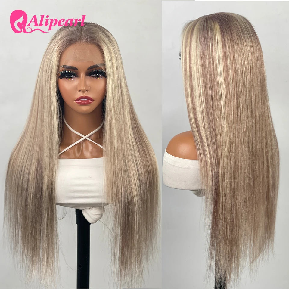 AliPearl Hair P18/613 Lace Front Wig Human Hair Highlight Straight Transparent Lace Front Wig For Women Peruvian 5x5 Closure Wi
