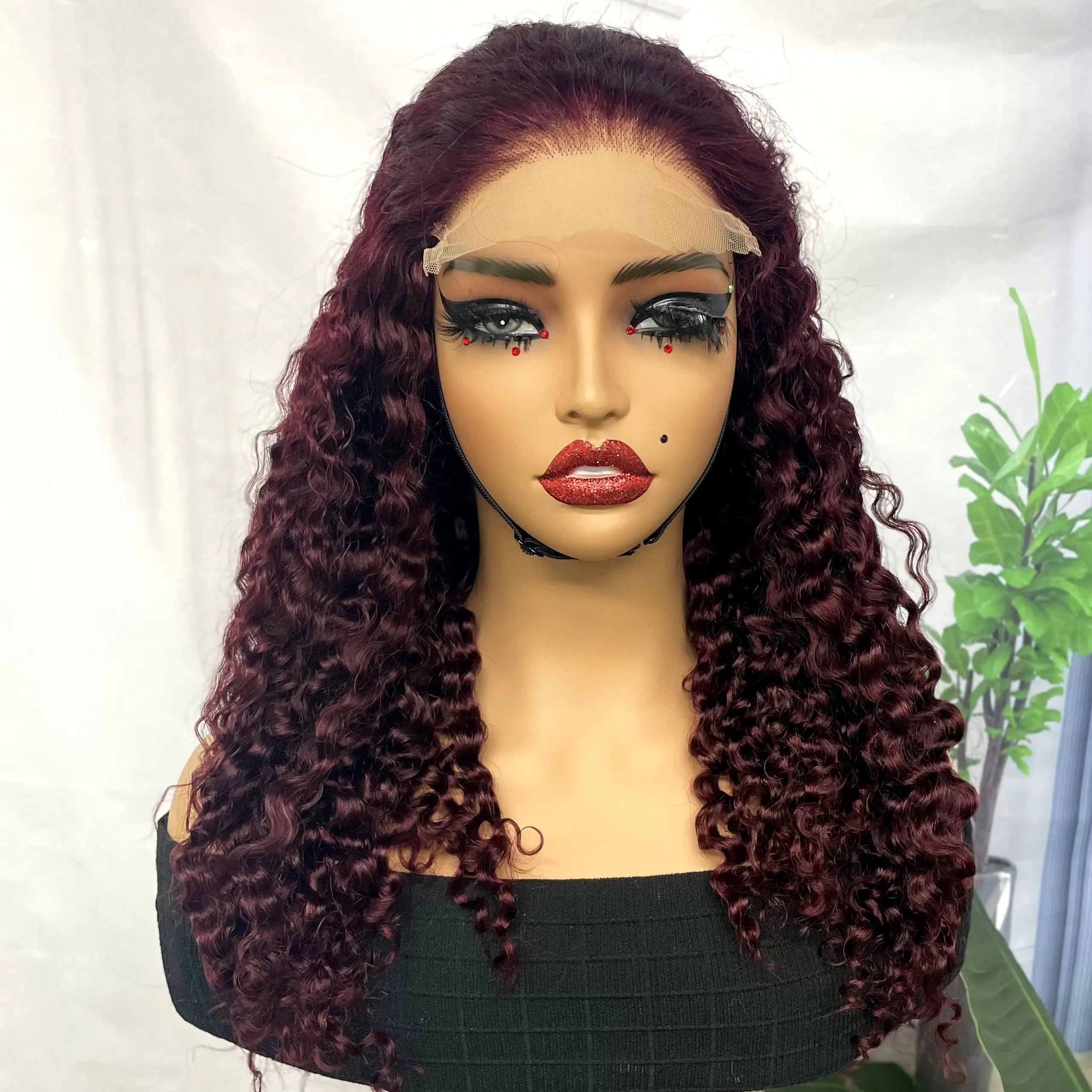 300% Density 99J# Burgundy Burmese Bouncy Curly Human Hair Wigs 5x5 Lace Closure Pixie Curly Wig for Women PrePlucked Remy Hair
