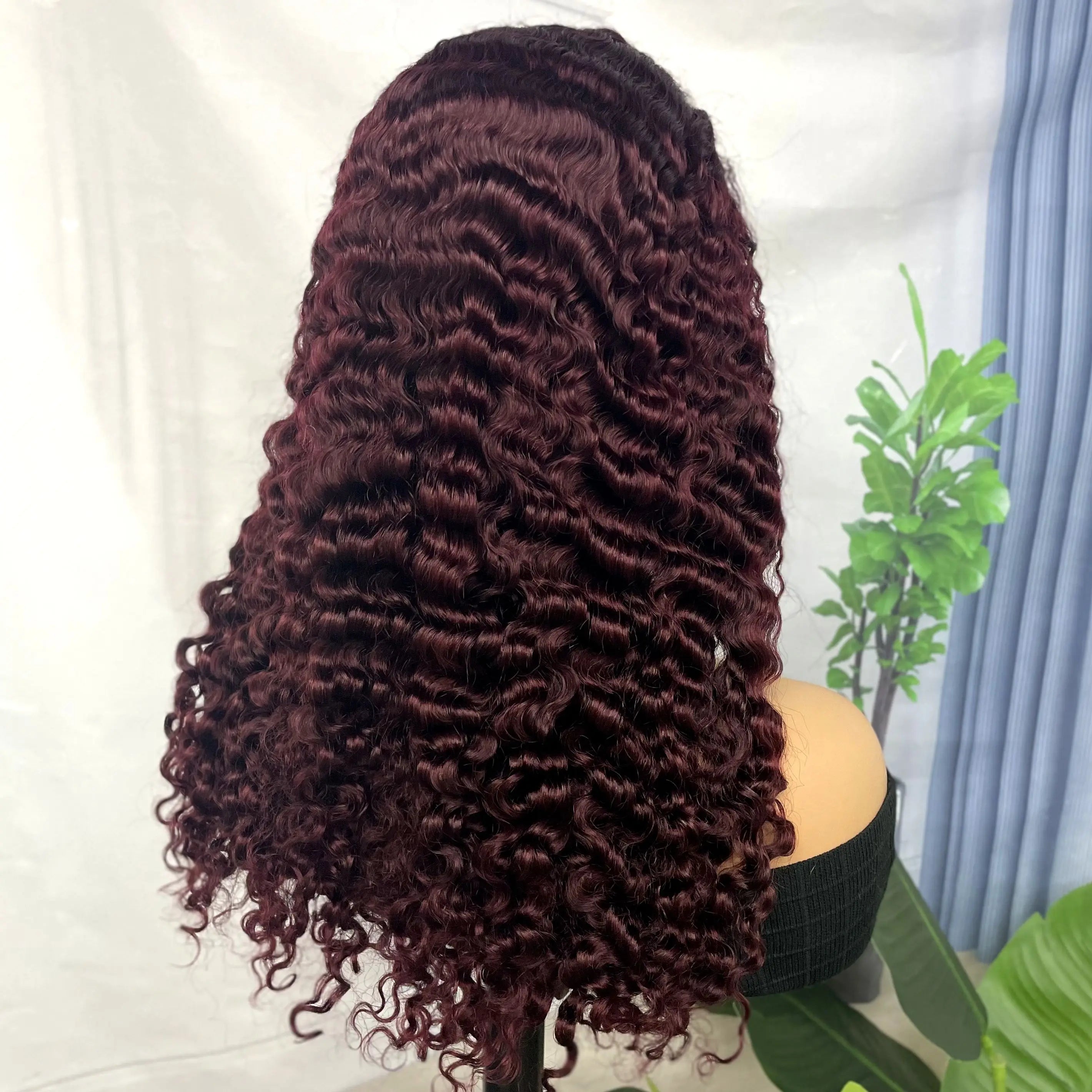 300% Density 99J# Burgundy Burmese Bouncy Curly Human Hair Wigs 5x5 Lace Closure Pixie Curly Wig for Women PrePlucked Remy Hair