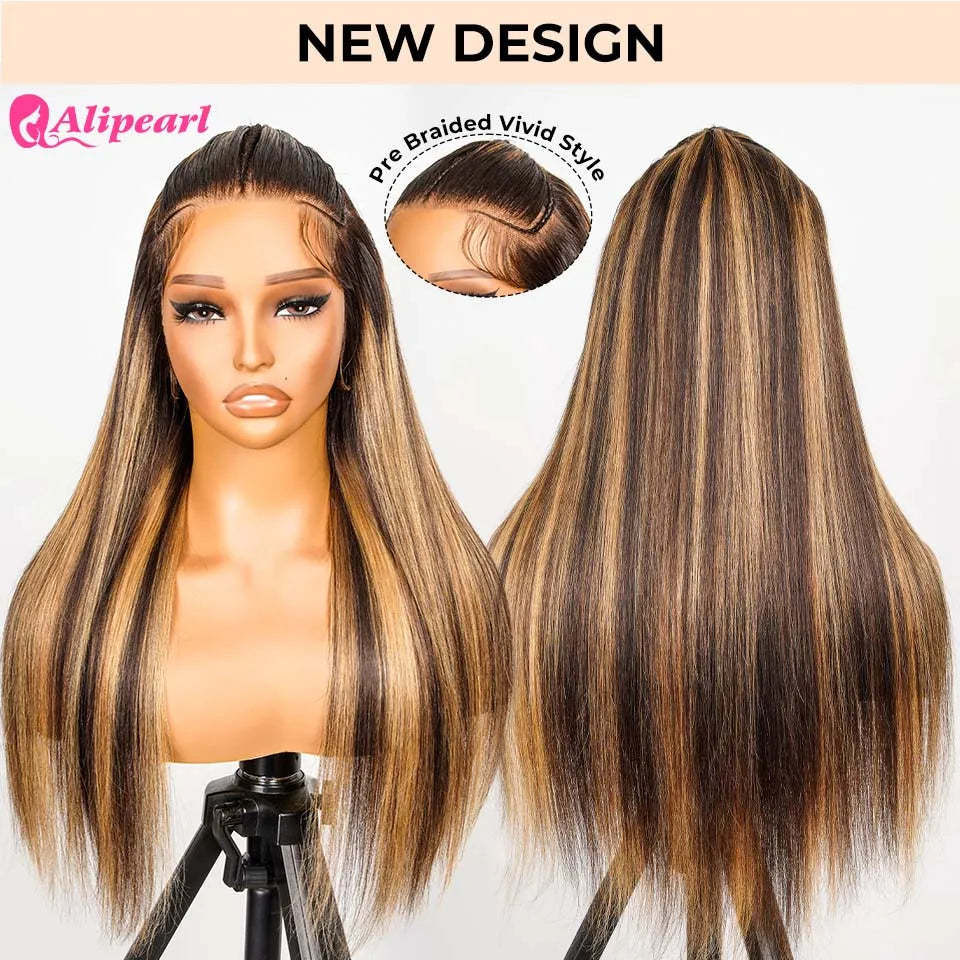 Alipearl Hair Highlight Ombre Colored 3 Part Pre Braided Wig 13x4 Lace Frontal Wig Straight Stylist Wig Pre Cut Wig
