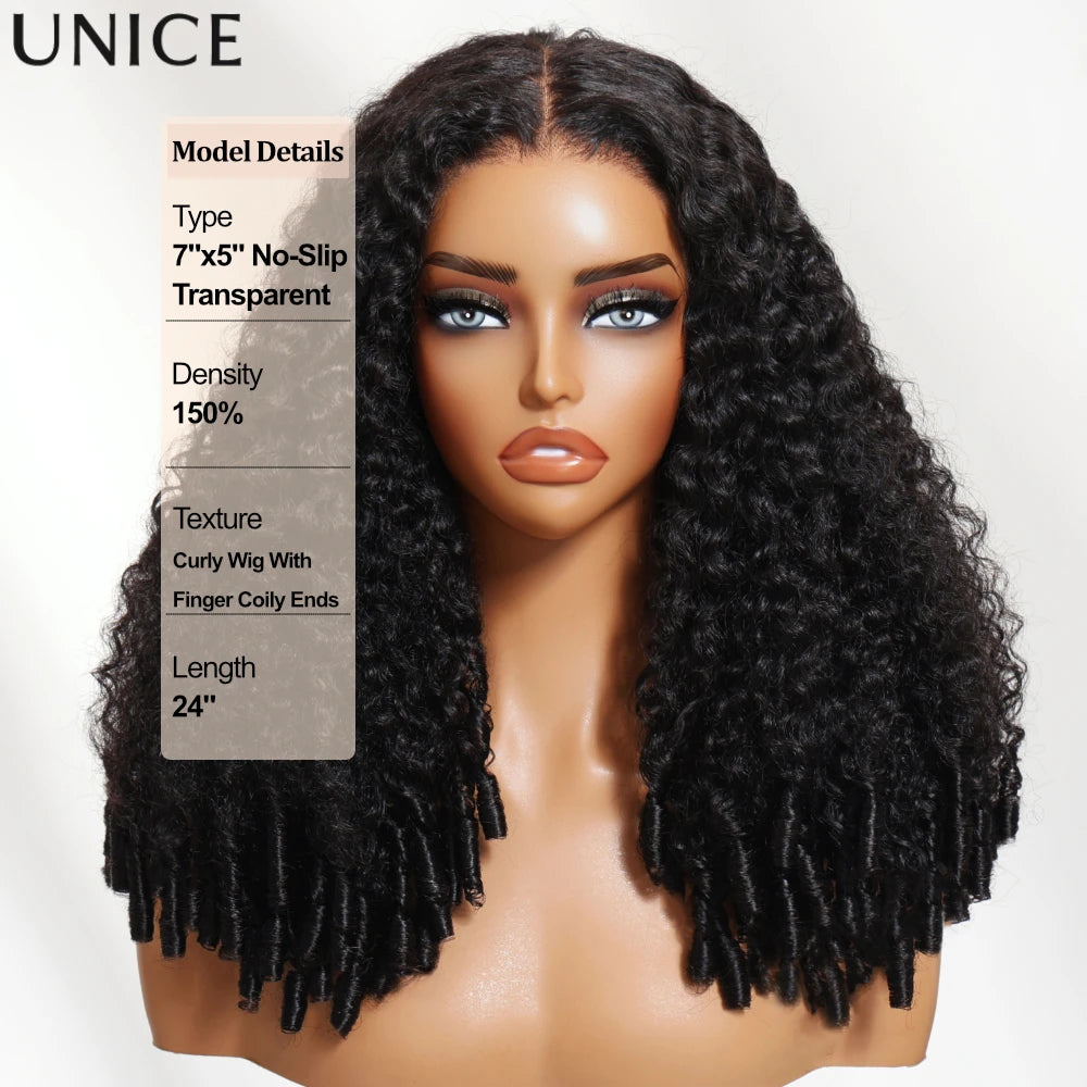 UNice 7x5 Bye Bye Slip™ Glueless Burmese Curly Human Hair Wigs With Finger Coil Ends & Invisi Drawstring