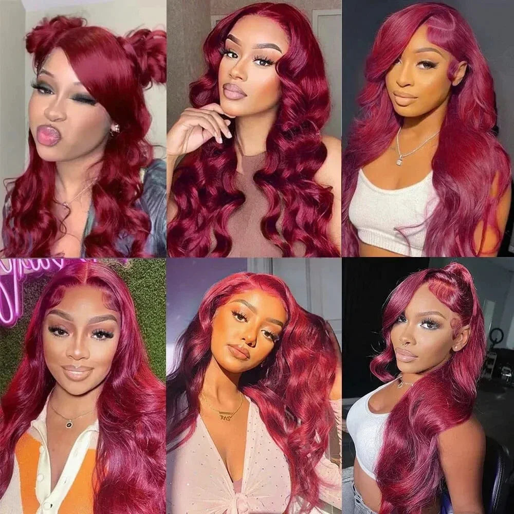 Bleached Burgundy 13x4 Tranparent Lace Front Human Hair Wigs Red Colored 99j Body Wave Lace Frontal Wig Pre Plucked 180%