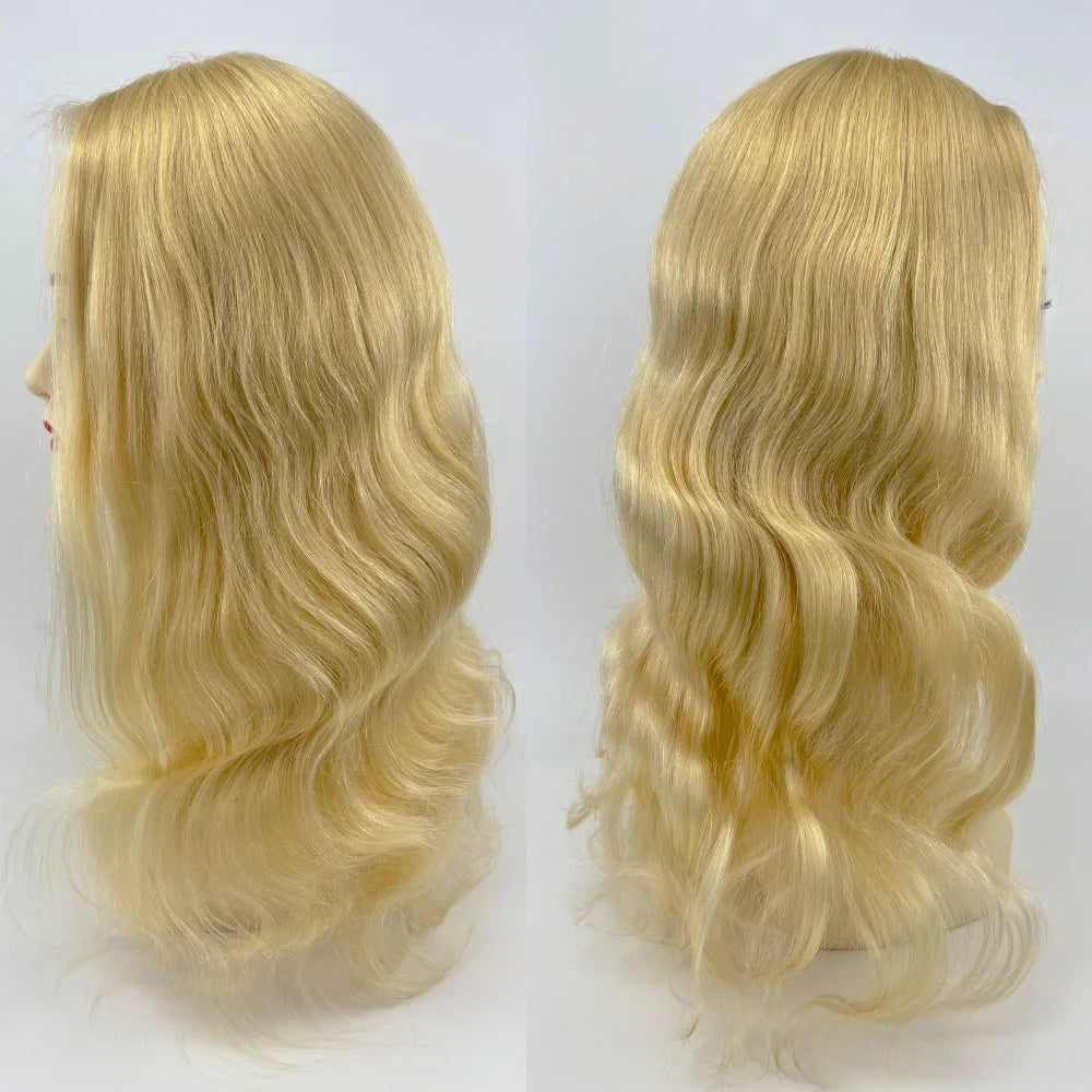 Full Lace Silk Top Wig 613 Light Blonde Natural Wave Brazillian Remy Hair Wig Transparent Lace Silk Base Wigs Glueless