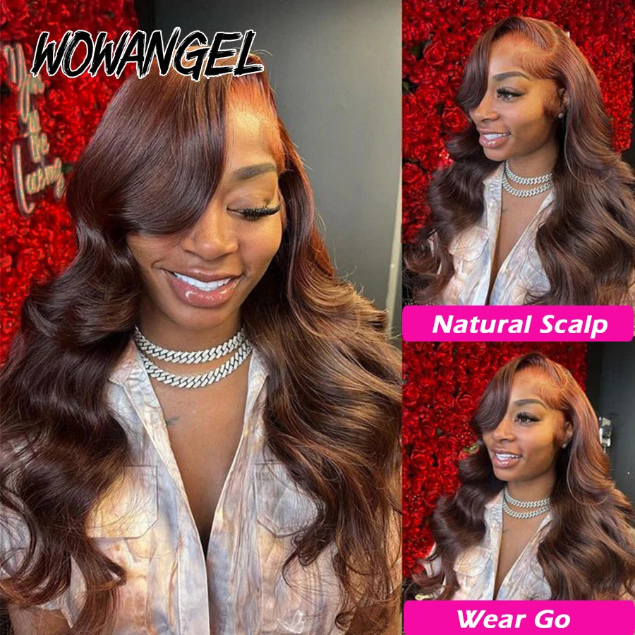 Wow Angel Chocolate Brown Glueless Wig 5x5 HD Lace Closure Body Wave Wigs Human Hair Wig Natural Scalp Melt Skins Wear To Go Wig
