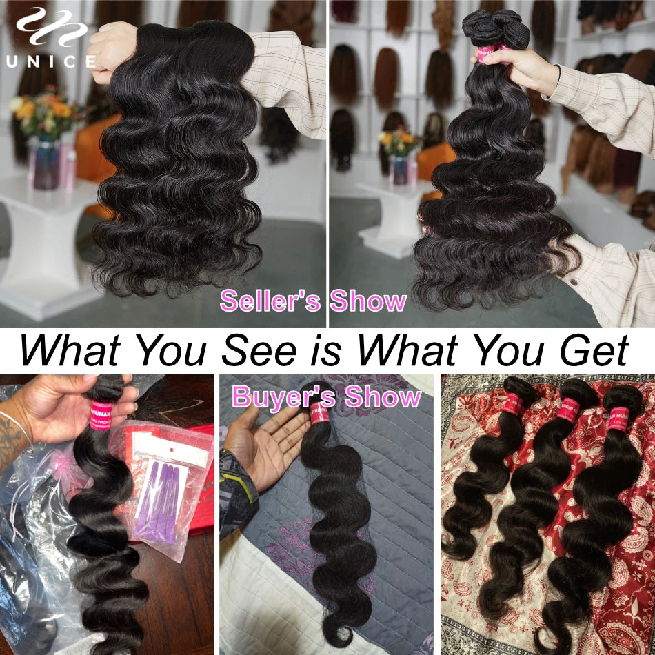 Unice Hair Body Wave Human Hair Bundles 3/4 PCS With 13x4 Lace Frontal Free Part 100% Human Hair Make 250% Density Wig