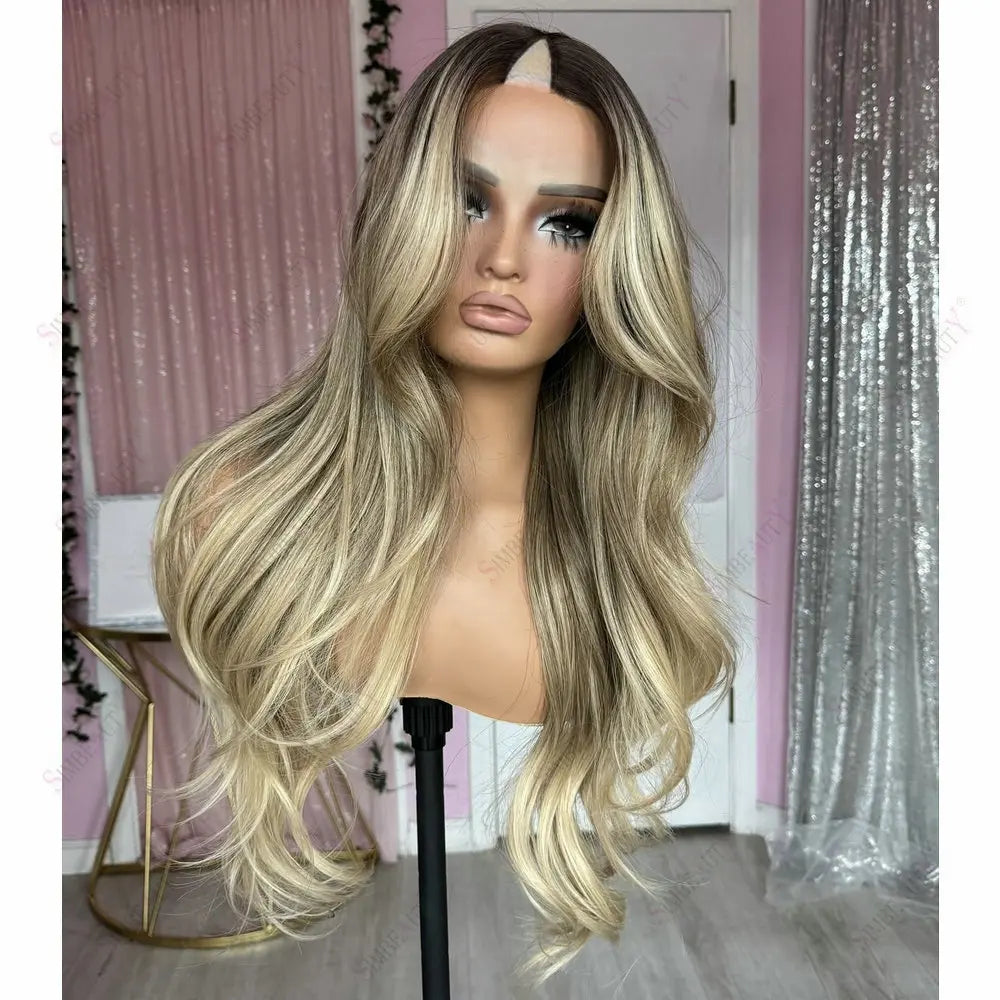 Dark Roots Balayage V Part Wig Human Hair for Women Loose Wave Ash Blonde Hightlight Glueless 1x4 Size U Part Wigs With Clips