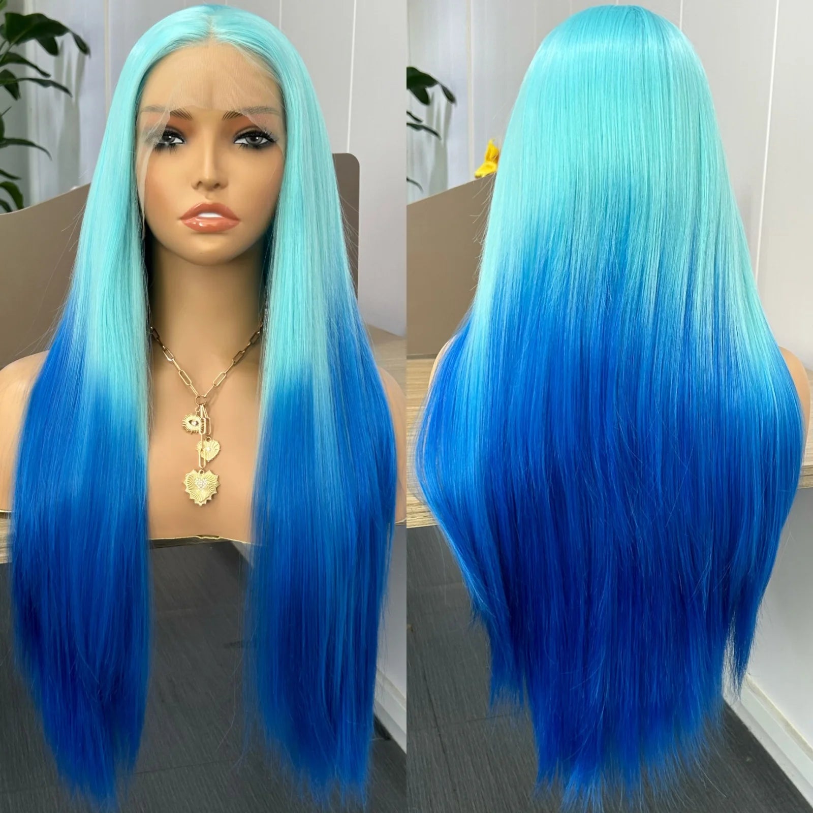 Ombre Wigs for Women Long Silky Straight Synthetic Hair Free Part Yaki Highlight Ombre Green Two Tones 13X4 Lace Glueless Wig