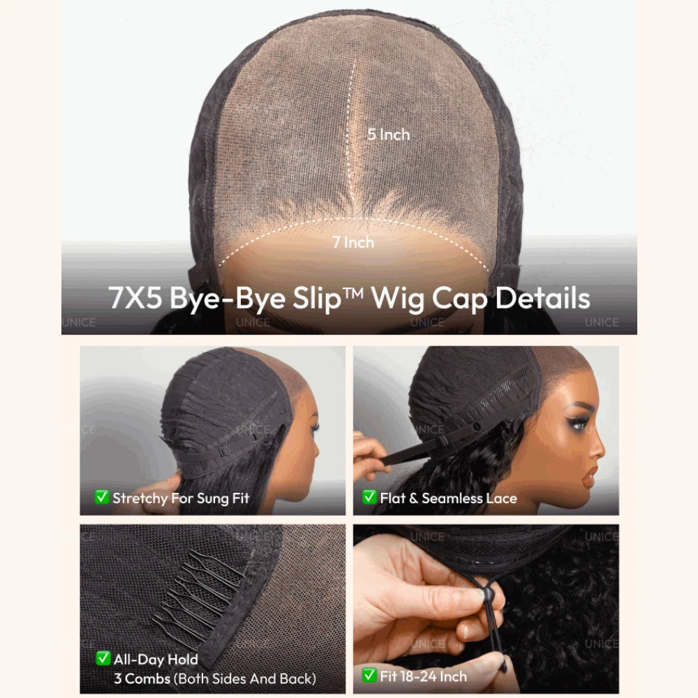 UNice 7x5 Bye Bye Slip™ Left Side Part Honey Blonde Highlight Water Wave Curly Bob Wig With Drawstring Glueless Human Hair Wigs