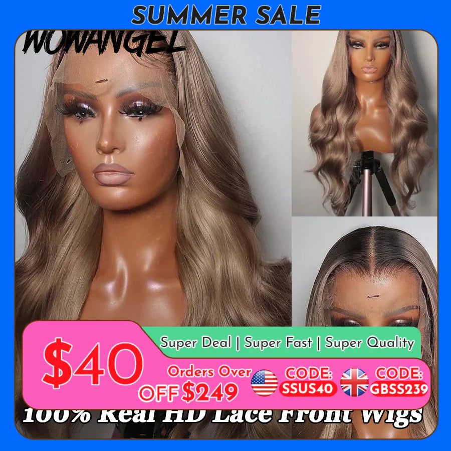 28inch Ash Blonde Body Wave Real HD Lace Front Human Hair Wig Melt Skins Ombre Colored Wigs 13x6 Full Lace Frontal Wig Glueless