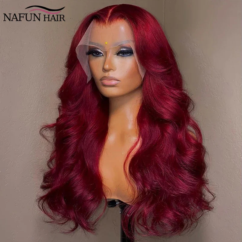 Bleached Burgundy 13x4 Tranparent Lace Front Human Hair Wigs Red Colored 99j Body Wave Lace Frontal Wig Pre Plucked 180%