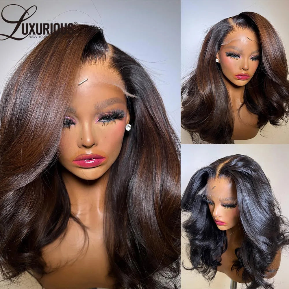 Glueless Wear And Go Ombre Brown Layered  Human Hair Wigs For Women Blow-Out Looks Wave 13x4 Lace Wig 100% Brazilian Human Hair